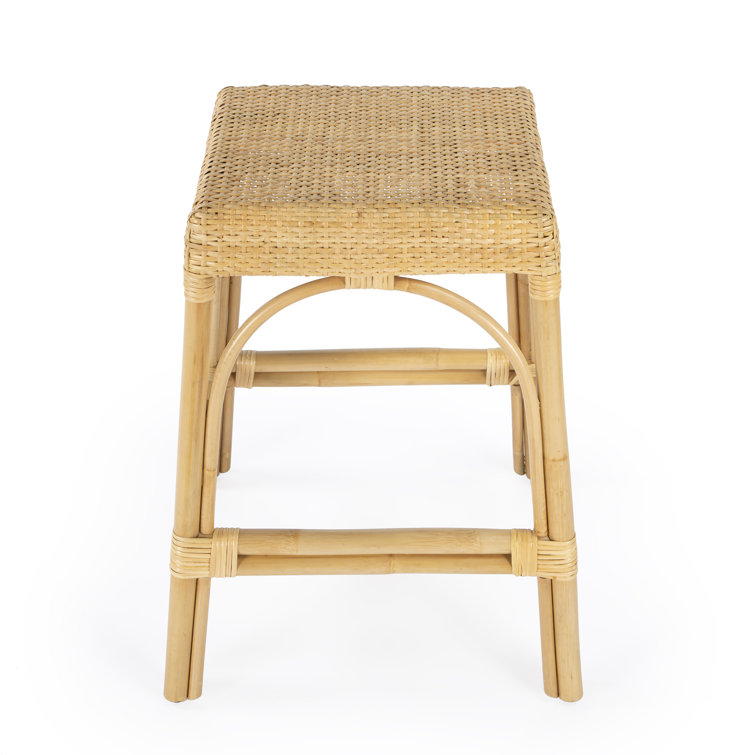 Cote d'Azur Inspired Natural Rattan and Wood Backless Counter Stool
