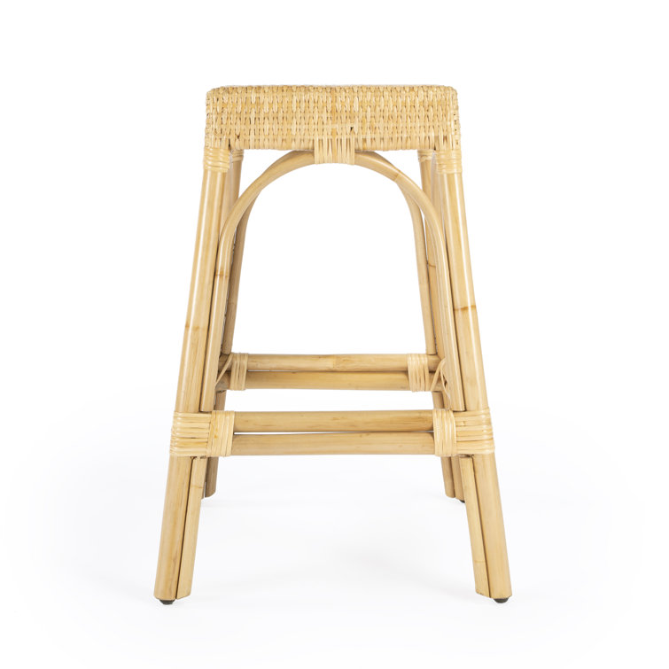 Cote d'Azur Inspired Natural Rattan and Wood Backless Counter Stool