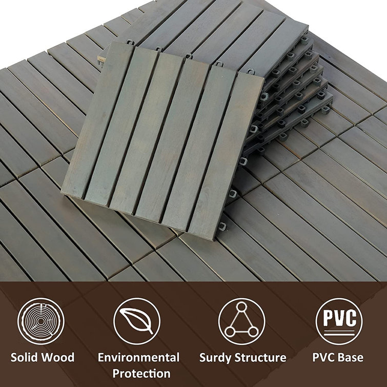 Light Gray Acacia Wood Interlocking Deck Tiles, 12" x 12"