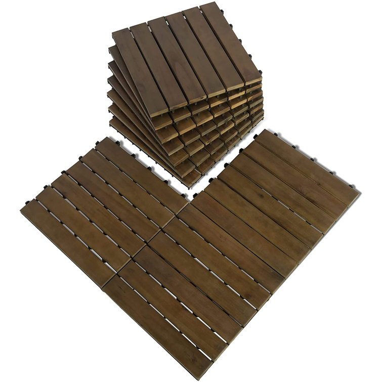 Light Brown Acacia Wood Interlocking Deck Tiles, 12" x 12"
