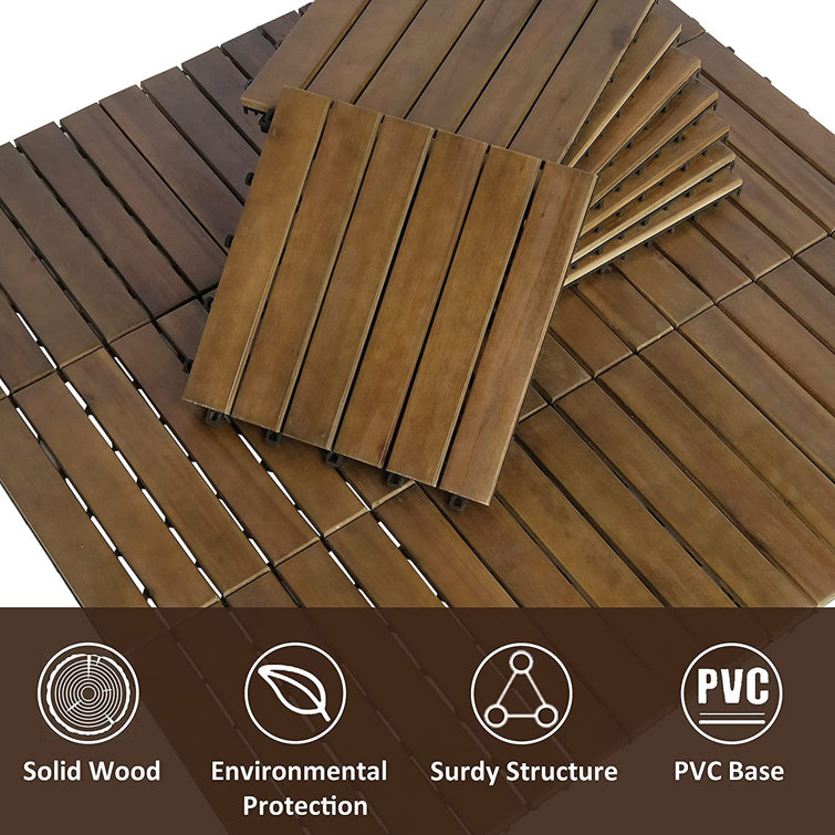 Light Brown Acacia Wood Interlocking Deck Tiles, 12" x 12"