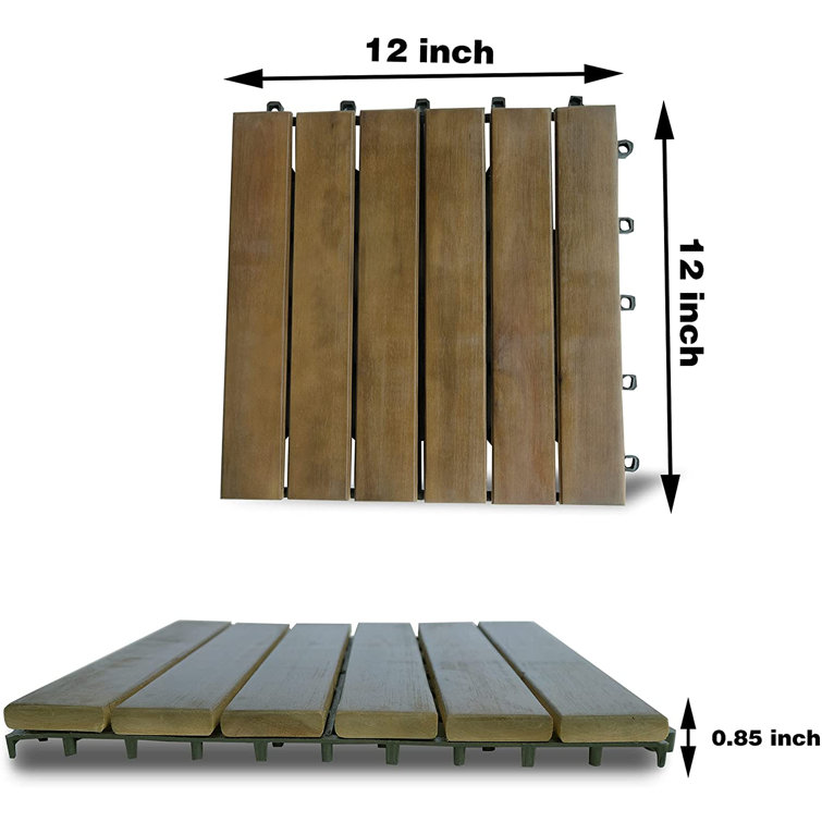 Light Brown Acacia Wood Interlocking Deck Tiles, 12" x 12"