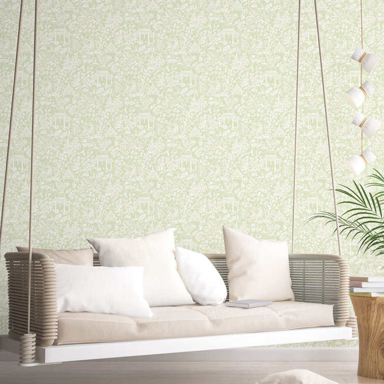 Green Non-Woven Botanical Toile Wallpaper Roll