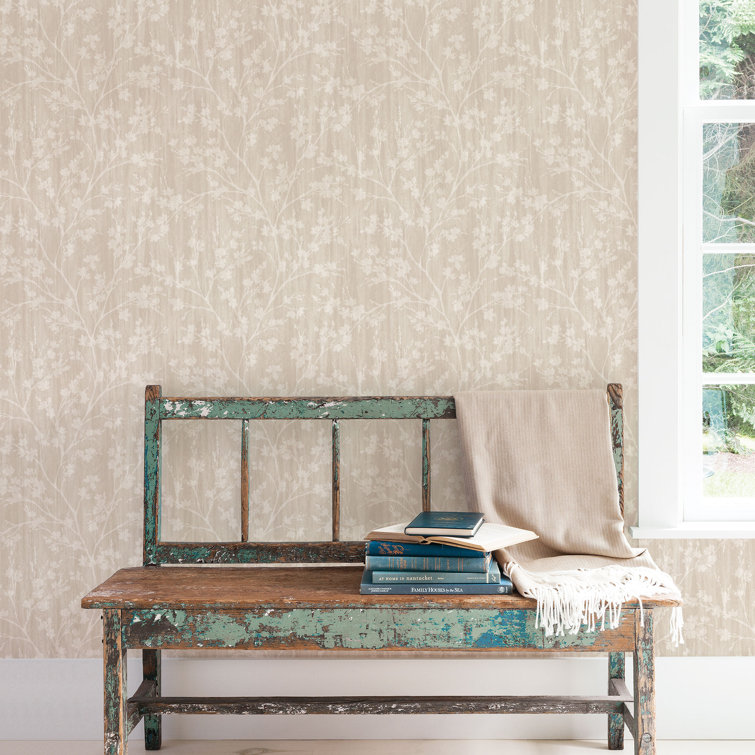 Beige Taupe Non-Woven Calming Leaf Branches Wallpaper Roll