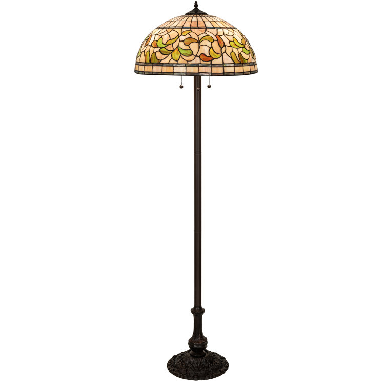 60" Mahogany Bronze Stained Glass Floor Lamp with Ruby and Coral Accents