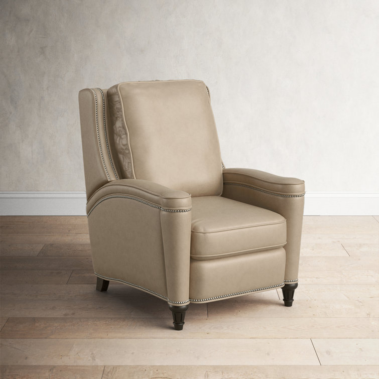 Handcrafted Beige Leather and Wood Traditional Recliner