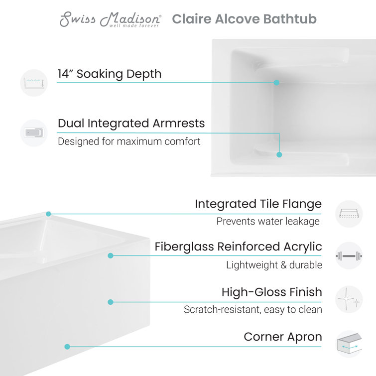 Claire 60" White Acrylic Alcove Bathtub with Corner Apron