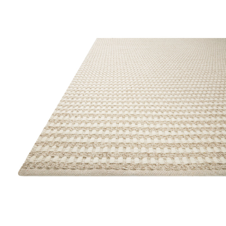 Ivory and Natural Wool Cotton Striped Rectangular Area Rug 8'6" x 11'6"