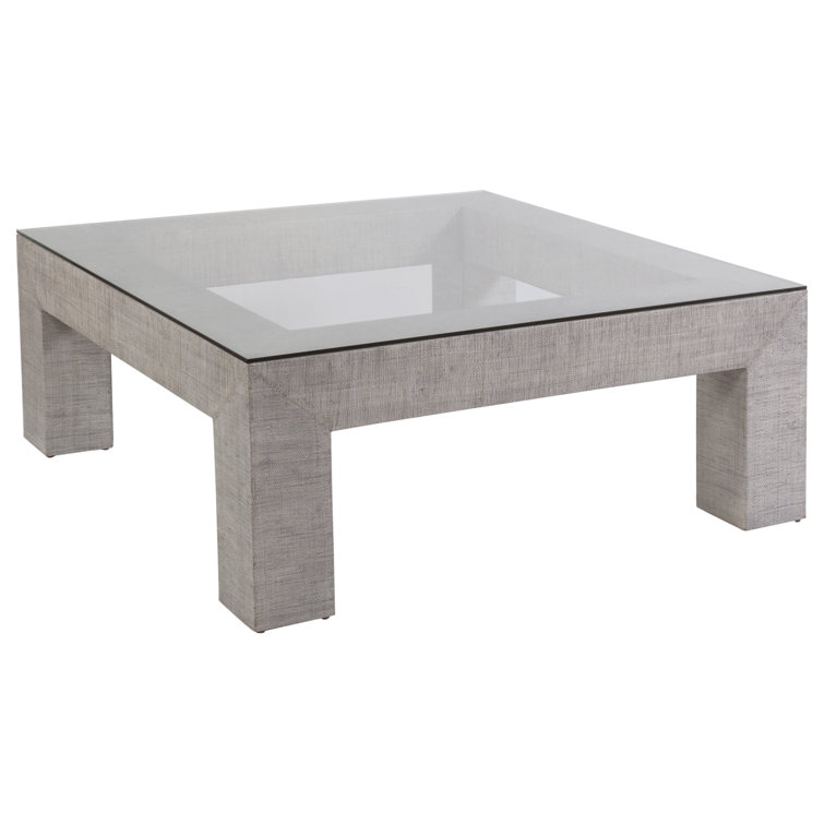 Clear Glass Top Square Coffee Table with Light Gray Raffia Base