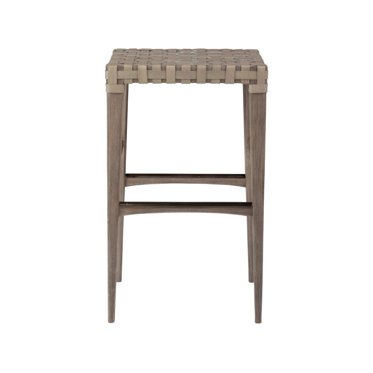 Warm Gray Mahogany and Woven Leather Backless Bar Stool