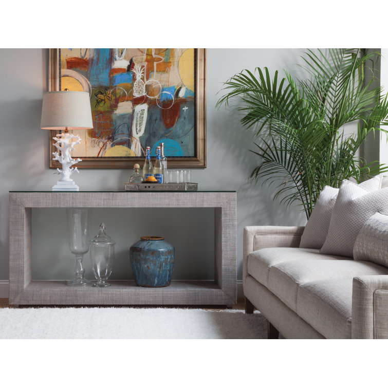 Transitional Gray Wood and Glass Rectangular Console with Storage