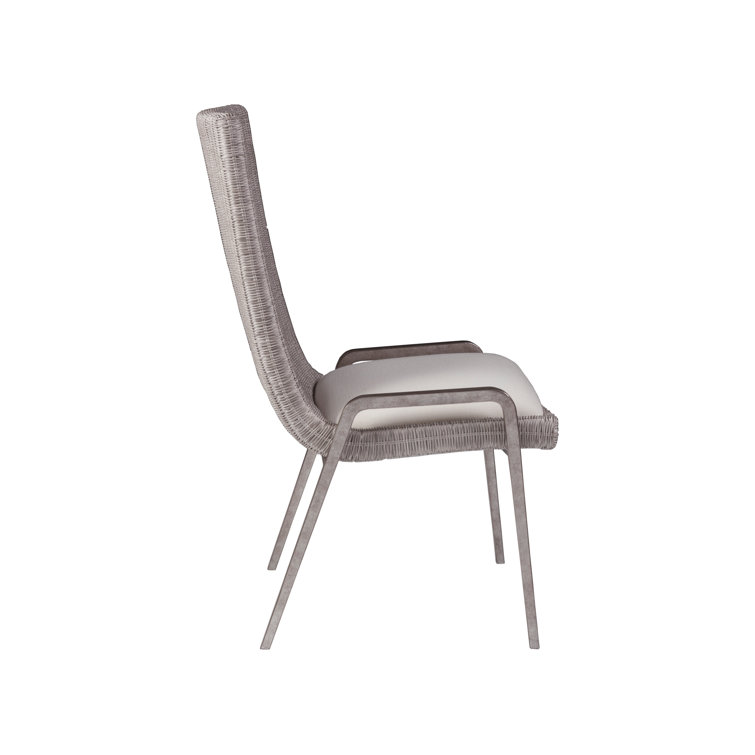 Transitional Beige Woven Wicker Side Chair with Silver Leaf Frame