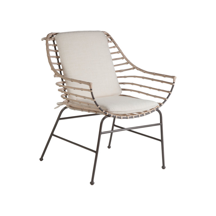 Coastal White Washed Rattan and Metal Arm Chair with Linen Pads