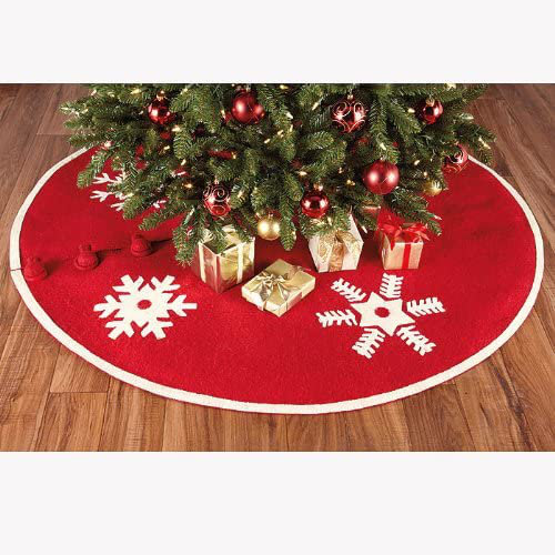 Handmade Red and White Felt Christmas Tree Skirt with Snowflakes