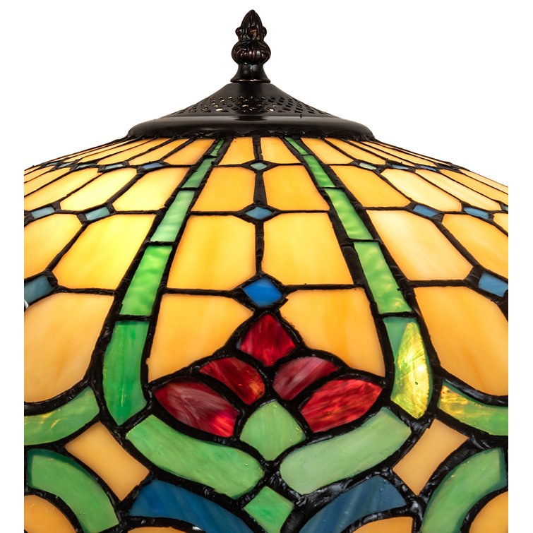 22" Mahogany Bronze Stained Glass Table Lamp with Ruby and Amber Accents