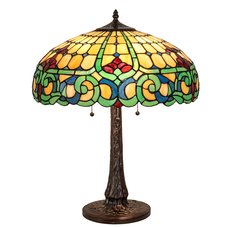 22" Mahogany Bronze Stained Glass Table Lamp with Ruby and Amber Accents
