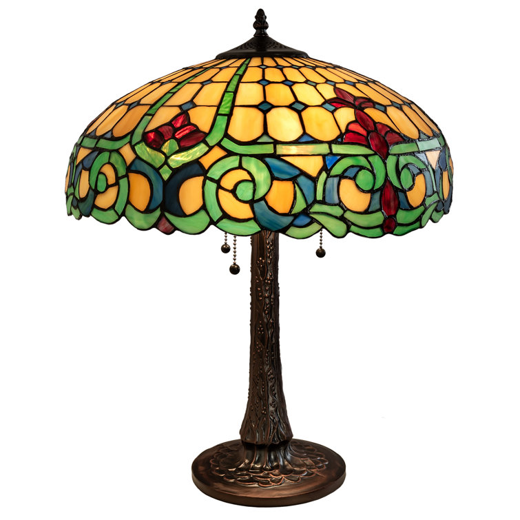 22" Mahogany Bronze Stained Glass Table Lamp with Ruby and Amber Accents