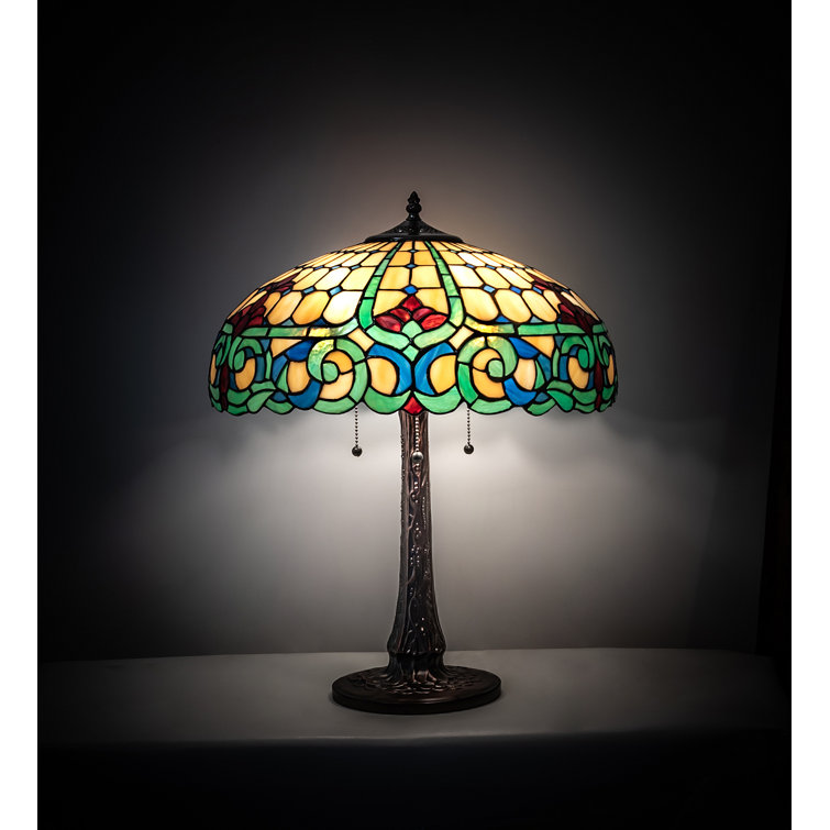 22" Mahogany Bronze Stained Glass Table Lamp with Ruby and Amber Accents