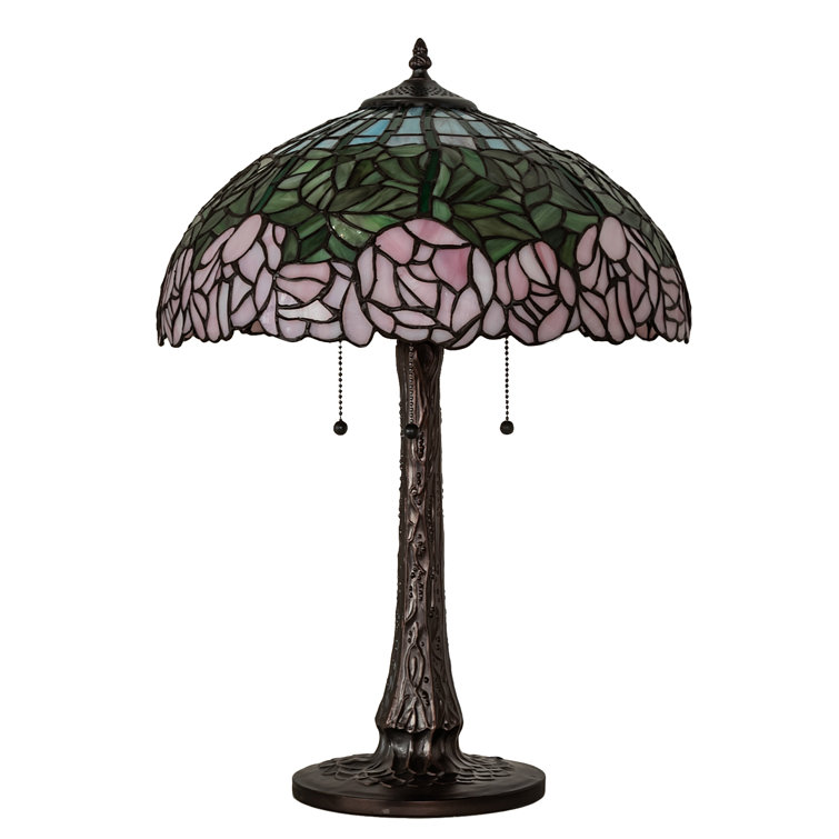 Passion Pink Cabbage Rose 3-Light Stained Glass Table Lamp