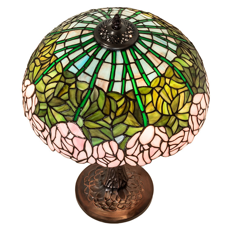 Passion Pink Cabbage Rose 3-Light Stained Glass Table Lamp