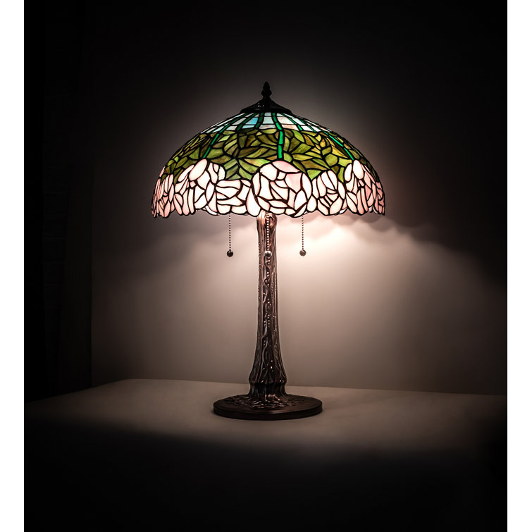 Passion Pink Cabbage Rose 3-Light Stained Glass Table Lamp