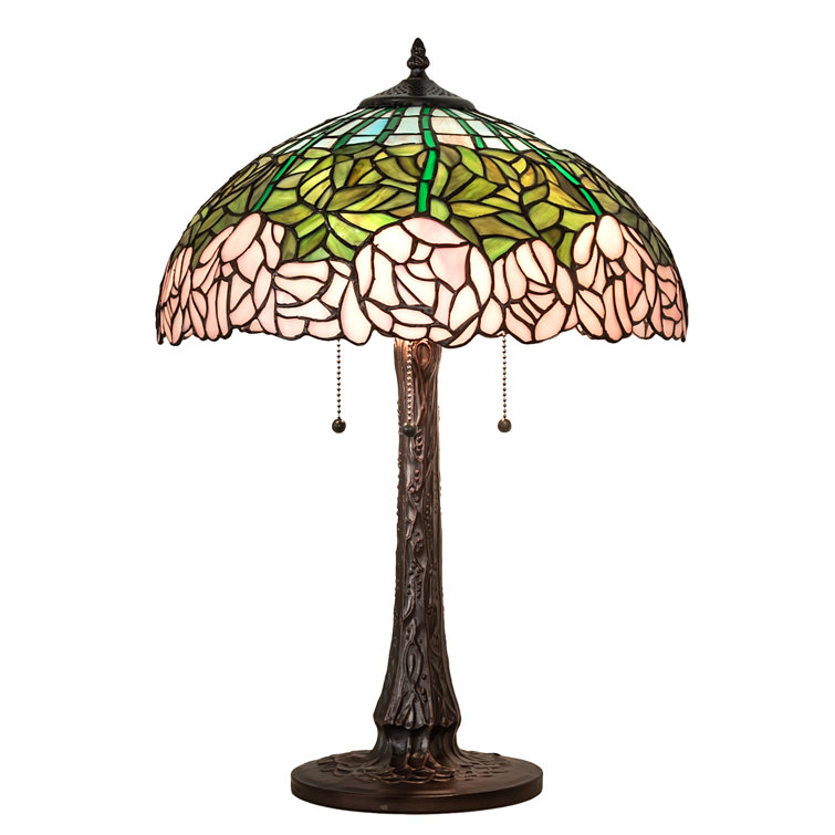 Passion Pink Cabbage Rose 3-Light Stained Glass Table Lamp