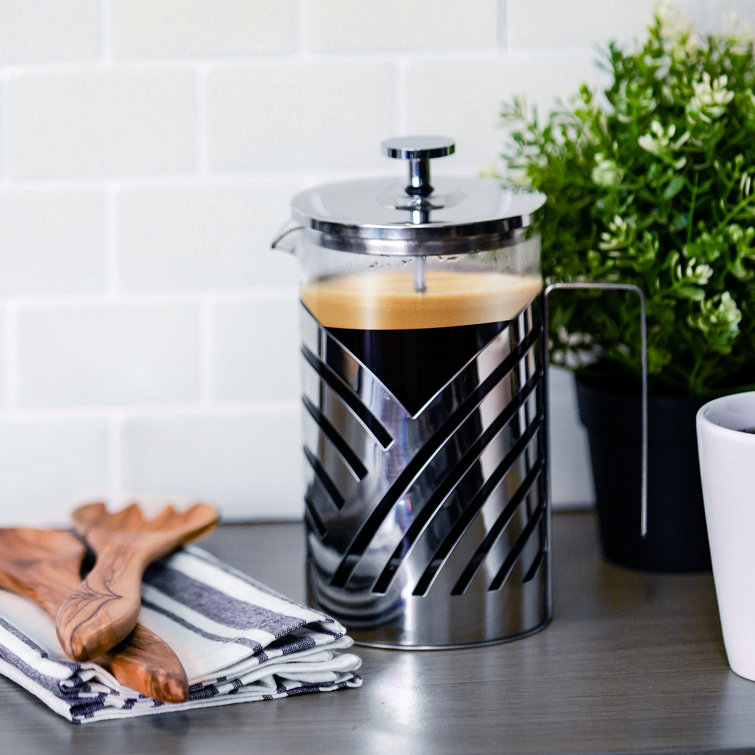 Nickel Brushed Stainless Steel French Press Coffee Maker with Measuring Spoon