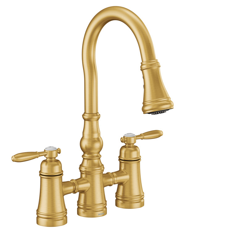 Brushed Gold Double Handle Pull-Down Kitchen Faucet with Ceramic Valve
