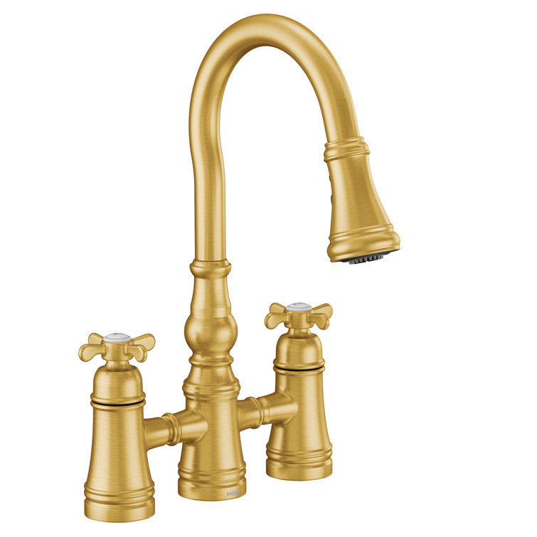 Brushed Gold Double Handle Pull-Down Kitchen Faucet with Ceramic Valve
