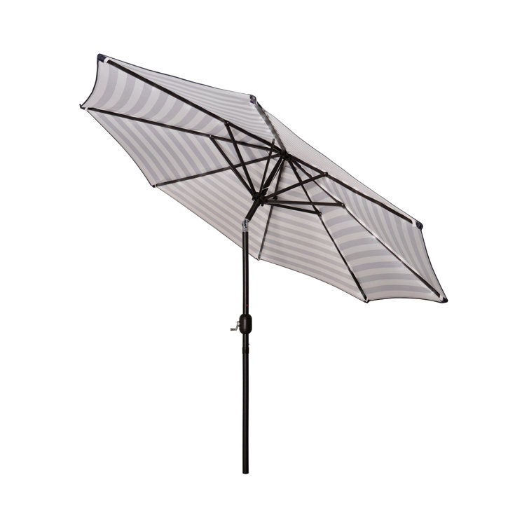 Gray and White Striped 9 Ft Steel Patio Umbrella with Tilt and Crank