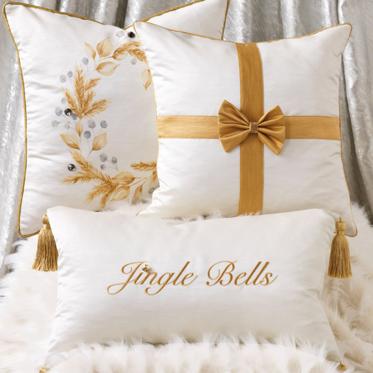 White and Gold Embroidered Lumbar Pillow with Tassels