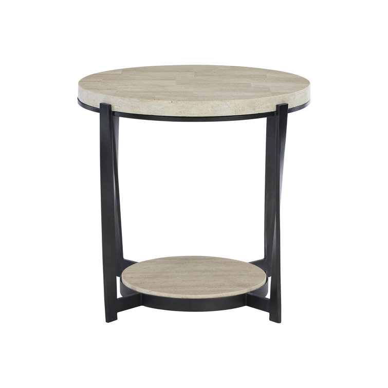 Transitional Black and Beige Stone Top Metal Side Table, 27"