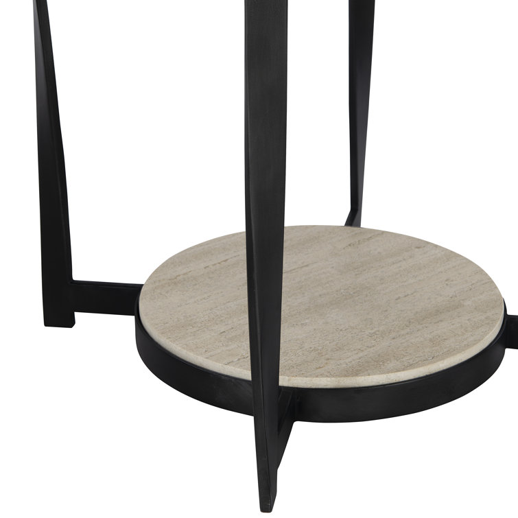 Transitional Black and Beige Stone Top Metal Side Table, 27"