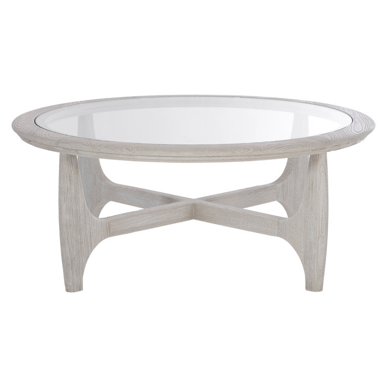 Transitional Beige Round Wood and Glass Coffee Table with Storage