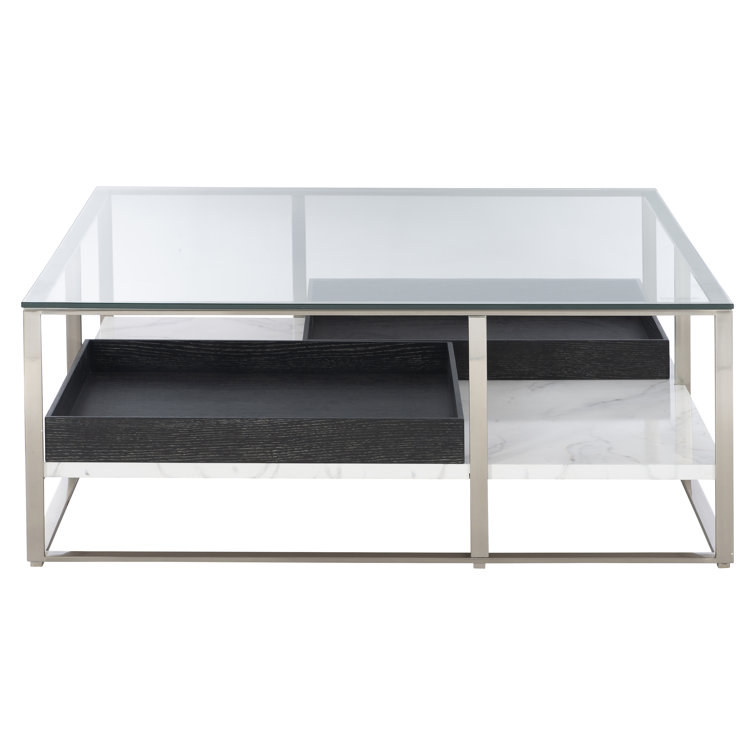 Square Black and Silver Marble Glass Coffee Table with Storage
