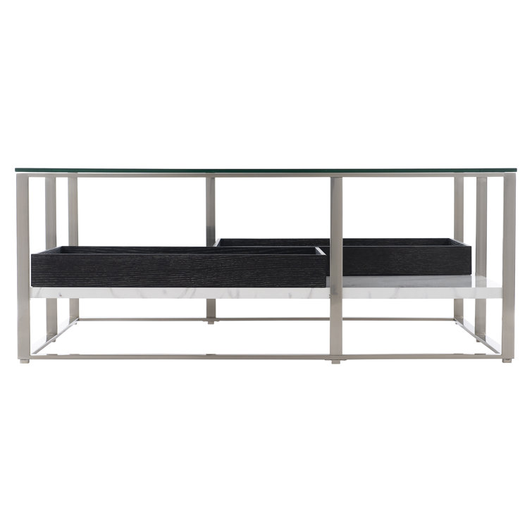Square Black and Silver Marble Glass Coffee Table with Storage