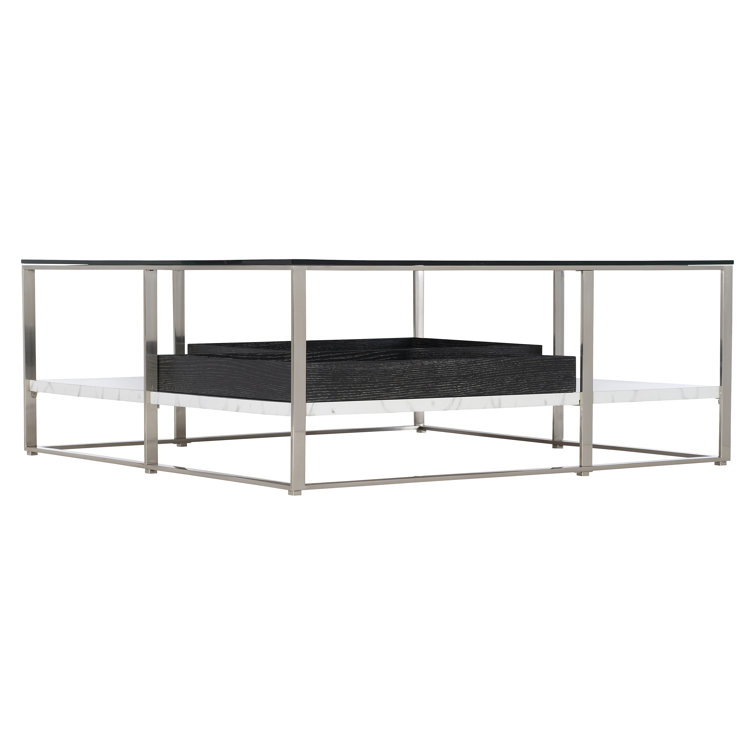 Square Black and Silver Marble Glass Coffee Table with Storage