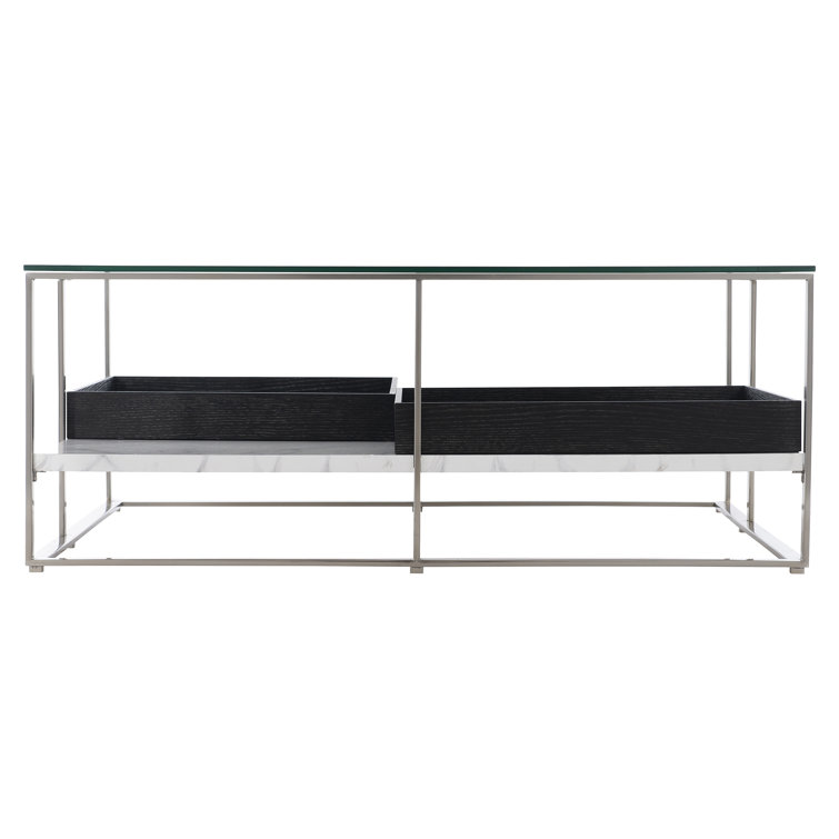 Square Black and Silver Marble Glass Coffee Table with Storage