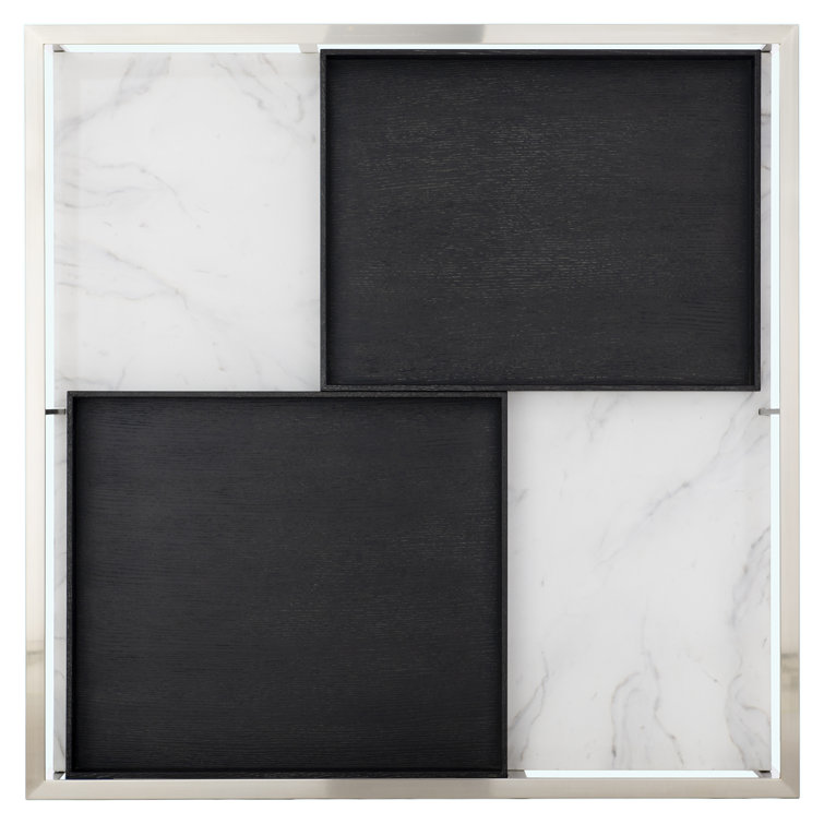 Square Black and Silver Marble Glass Coffee Table with Storage