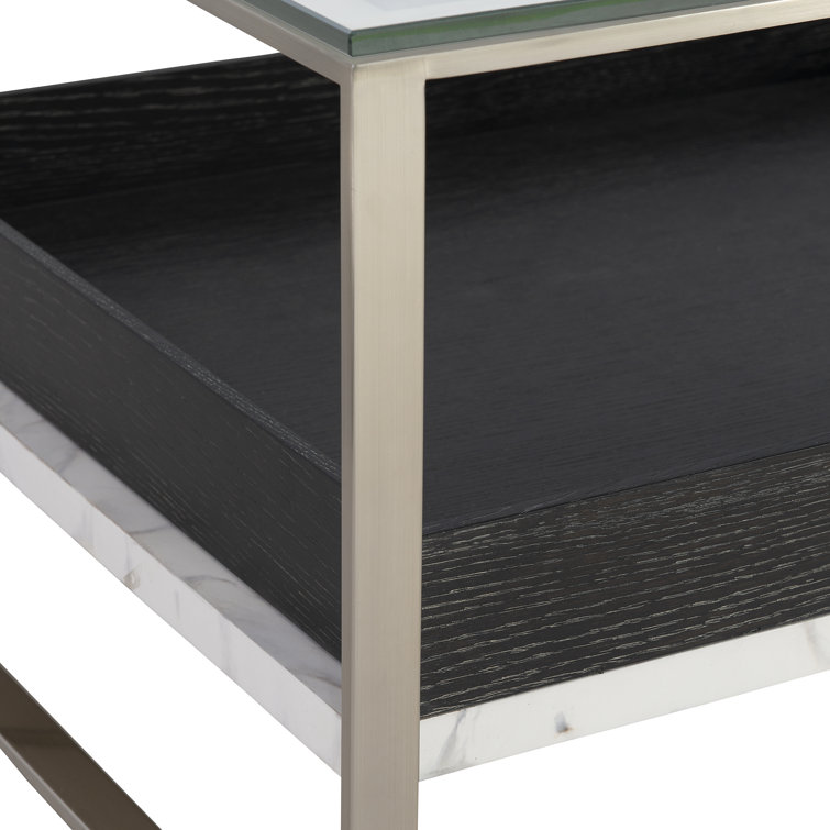 Square Black and Silver Marble Glass Coffee Table with Storage
