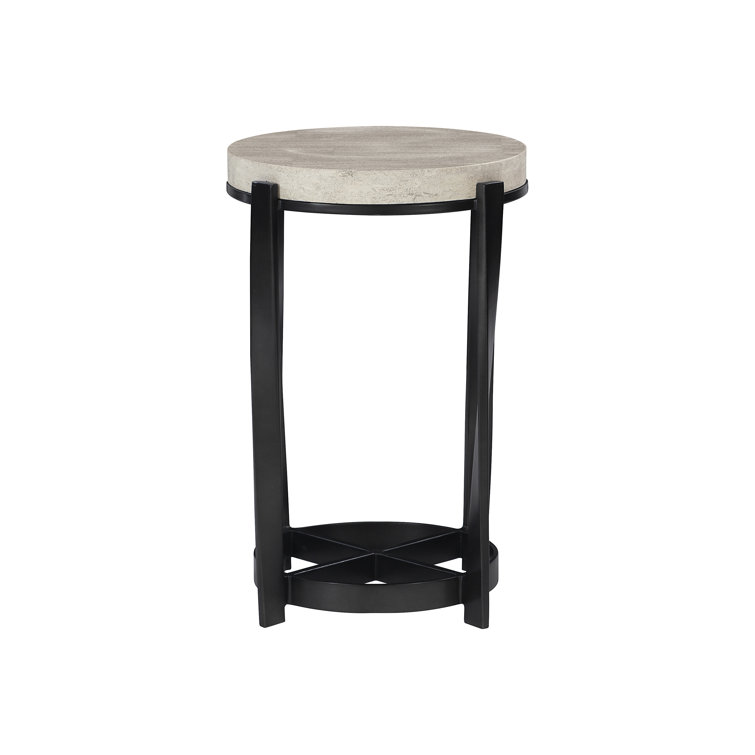 Beige and Black Round Stone Metal Accent Table