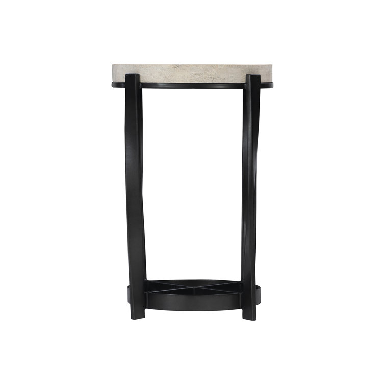 Beige and Black Round Stone Metal Accent Table