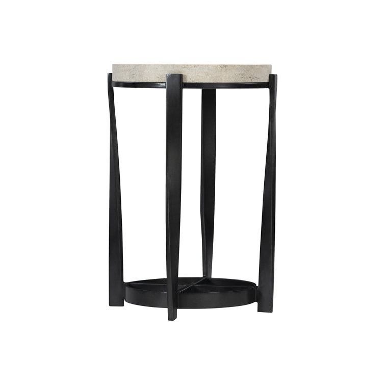 Beige and Black Round Stone Metal Accent Table