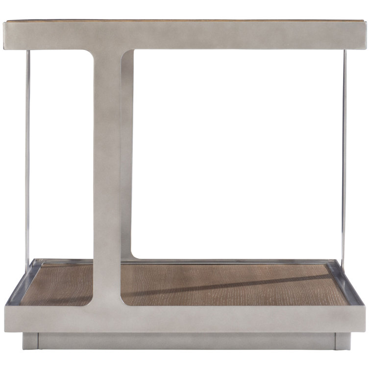 Transitional Quartered Oak and Steel Square End Table in Gray/Brown