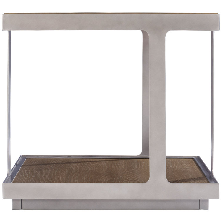 Transitional Quartered Oak and Steel Square End Table in Gray/Brown