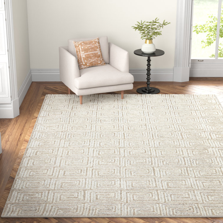 Handmade White and Gray Geometric Wool Rug 9' x 13'