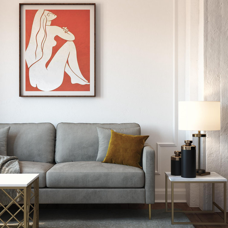 Chic Gray Velvet Sofa with Gold Metal Legs and Accent Pillows
