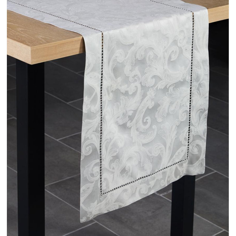 White Cotton Jacquard-Woven Floral Table Runner, 72" x 15"