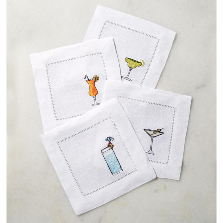 White Linen Cocktail Napkin Set with Colorful Embroidery