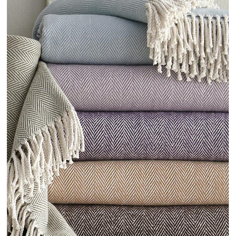 Slate Blue Cotton Herringbone Throw Blanket with Fringe